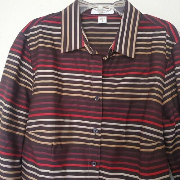 Coldwater Creek Blouse Size S 8 Brown Red Stripe No Iron Long Sleeve Button - Picture 2 of 15